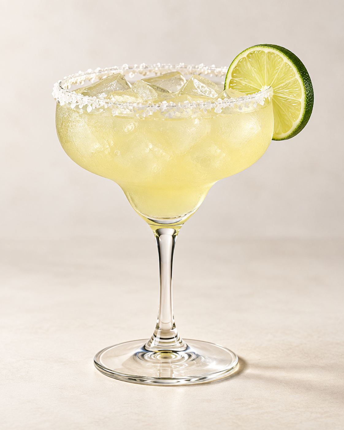 A tequila margarita in a glass garnished with a lime slice.