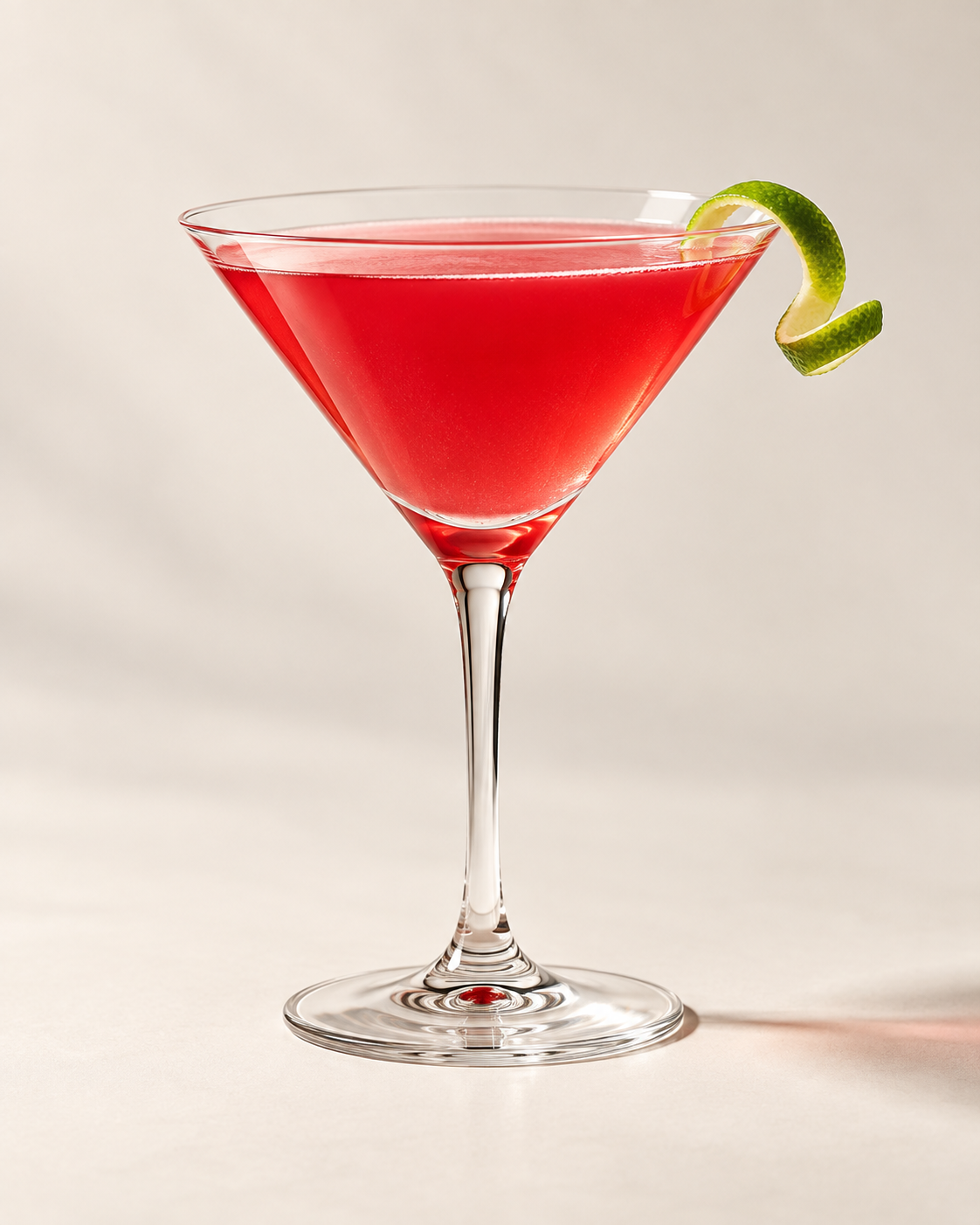 A pink cocktail in a martini glass garnished with a lime twist.