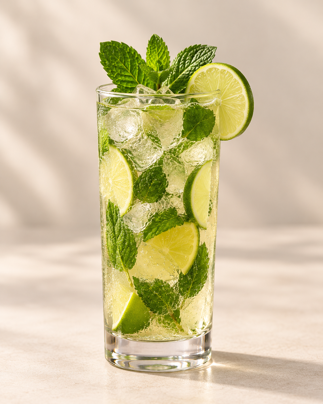Tall glass of lemonade with ice, lime slices, and fresh mint leaves garnished with a lime wheel on the rim, on a light background.