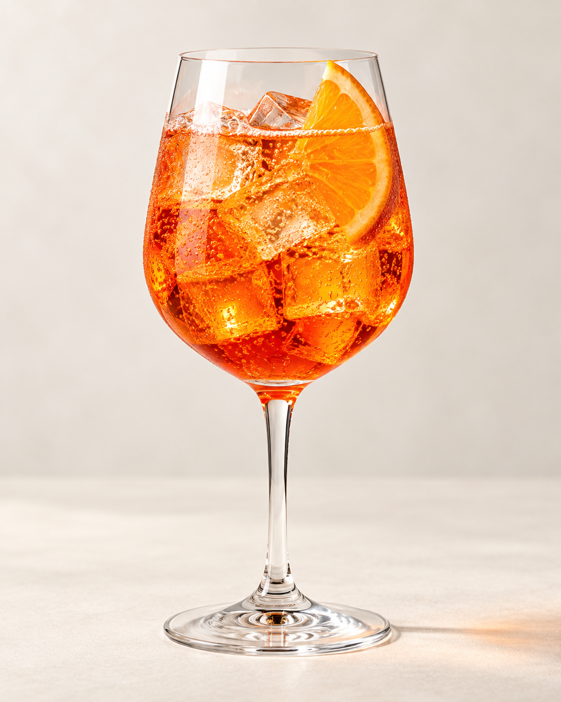 A wine glass filled with orange-colored beverage, ice cubes, and a slice of orange.
