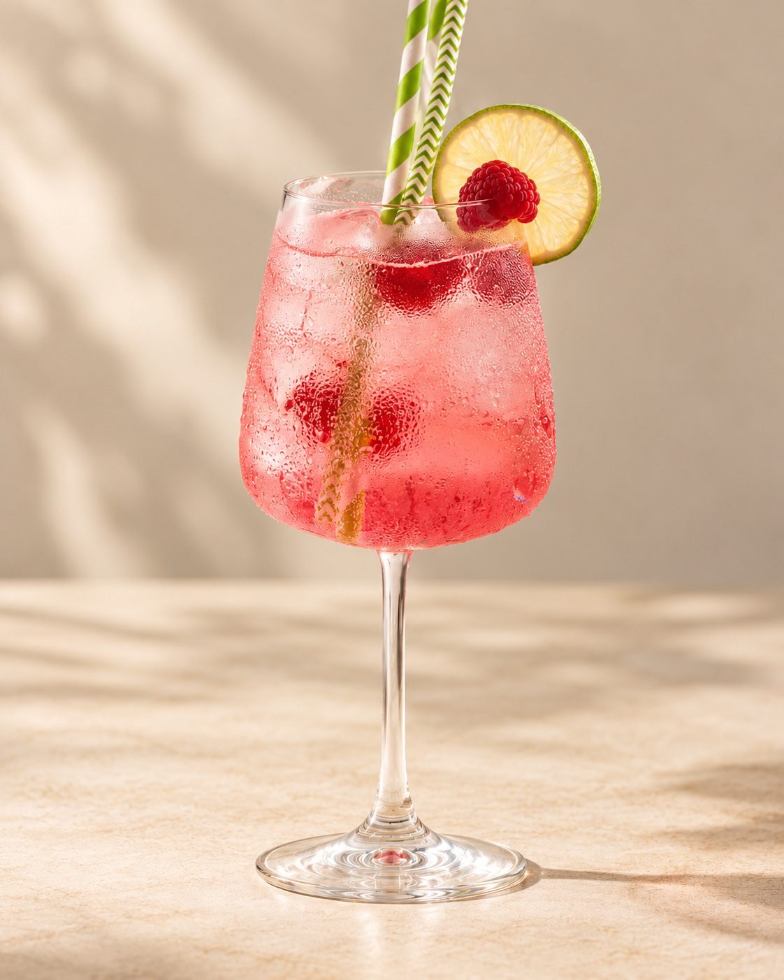 A pink cocktail in a tall, stemmed glass with condensation, garnished with a lemon slice and a raspberry, with two green and white striped straws.