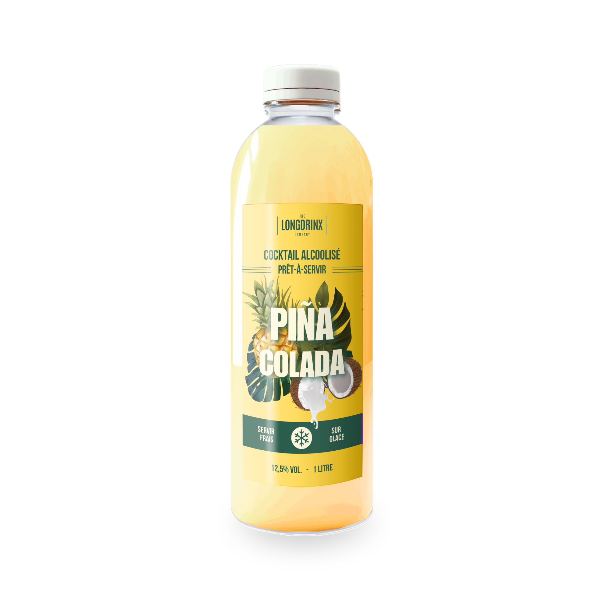 Bouteille de cocktail alcoolisé Pina Colada avec étiquette colorée illustrant des fruits tropicaux, notamment ananas et noix de coco, avec texte en français indiquant l'alcool à 12,5 % vol, 1 litre, prêt à servir, sur glace, et de la marque Longdrinx.
