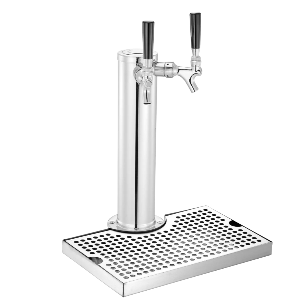 une tireuse à bière en acier inoxydable avec deux poignées noires, placée sur une surface perforée