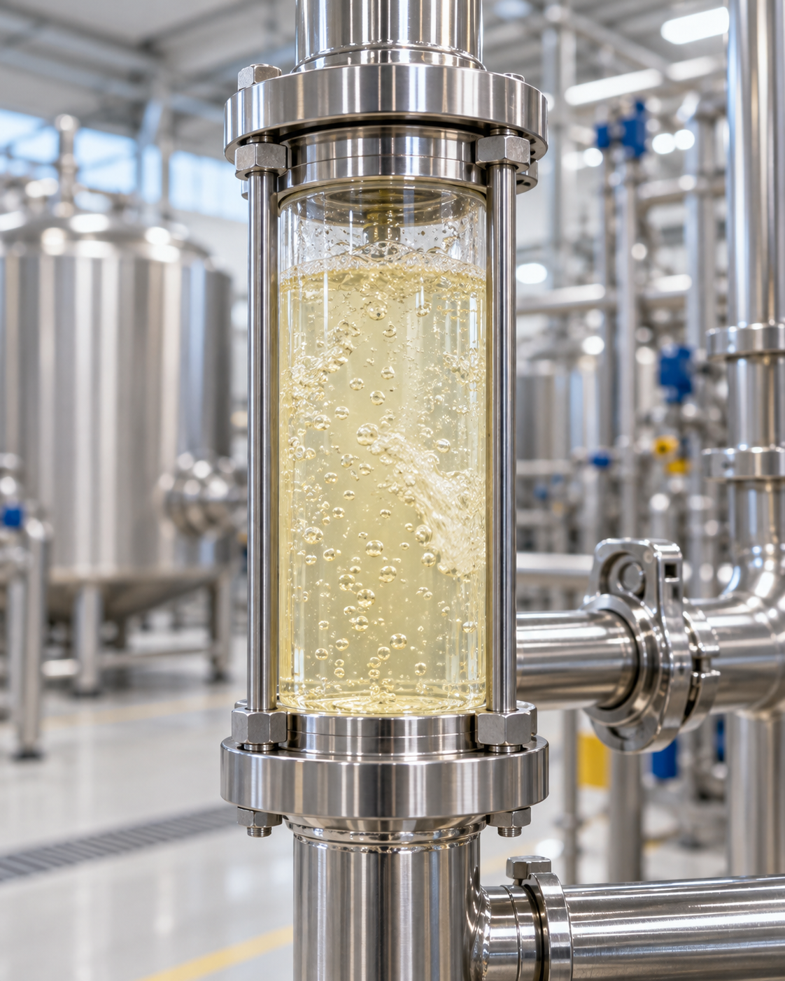 Procédé industriel avec un cylindre en verre contenant un liquide jaune pétillant, entouré de tuyaux en acier inoxydable dans une usine.