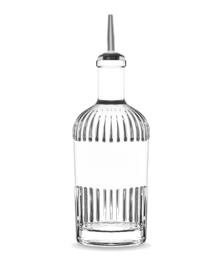 Une bouteille en verre avec un distributeur, probablement pour un liquide comme de l'eau ou du sirop.