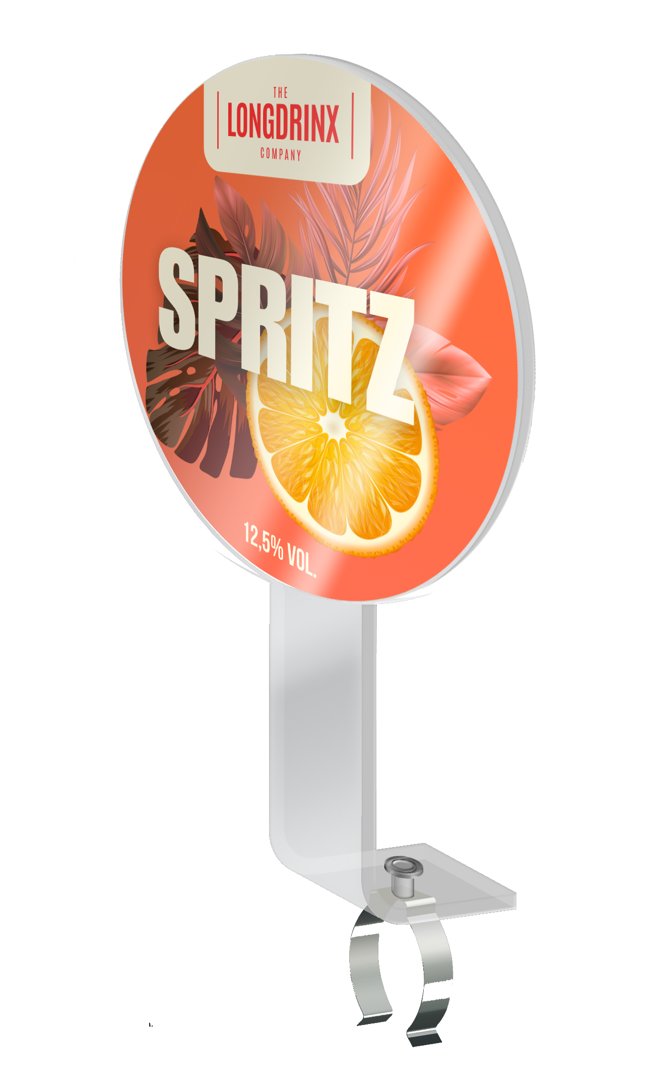Cavalier de pompe à biere pour une boisson à base d'agrumes, de la marque 'SpritZ', avec un taux d'alcool de 12,5%, décorée de feuilles et d'une tranche d'orange, de couleur orange et rouge.