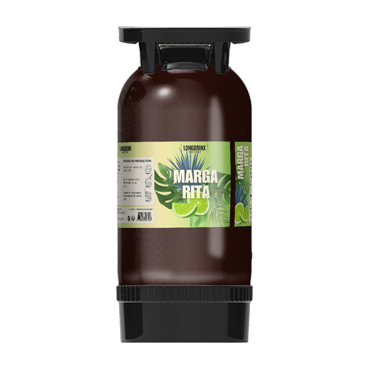 Fut de Margarita, avec un étiquette verte décorée de feuilles et de tranches de citron vert.