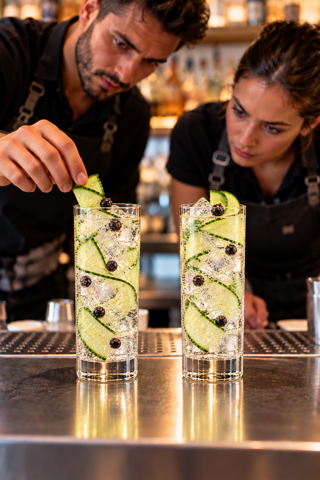 Deux barmen préparent des cocktails avec des rondelles de concombre, des groseilles et des glaçons dans des verres longs sur un bar.