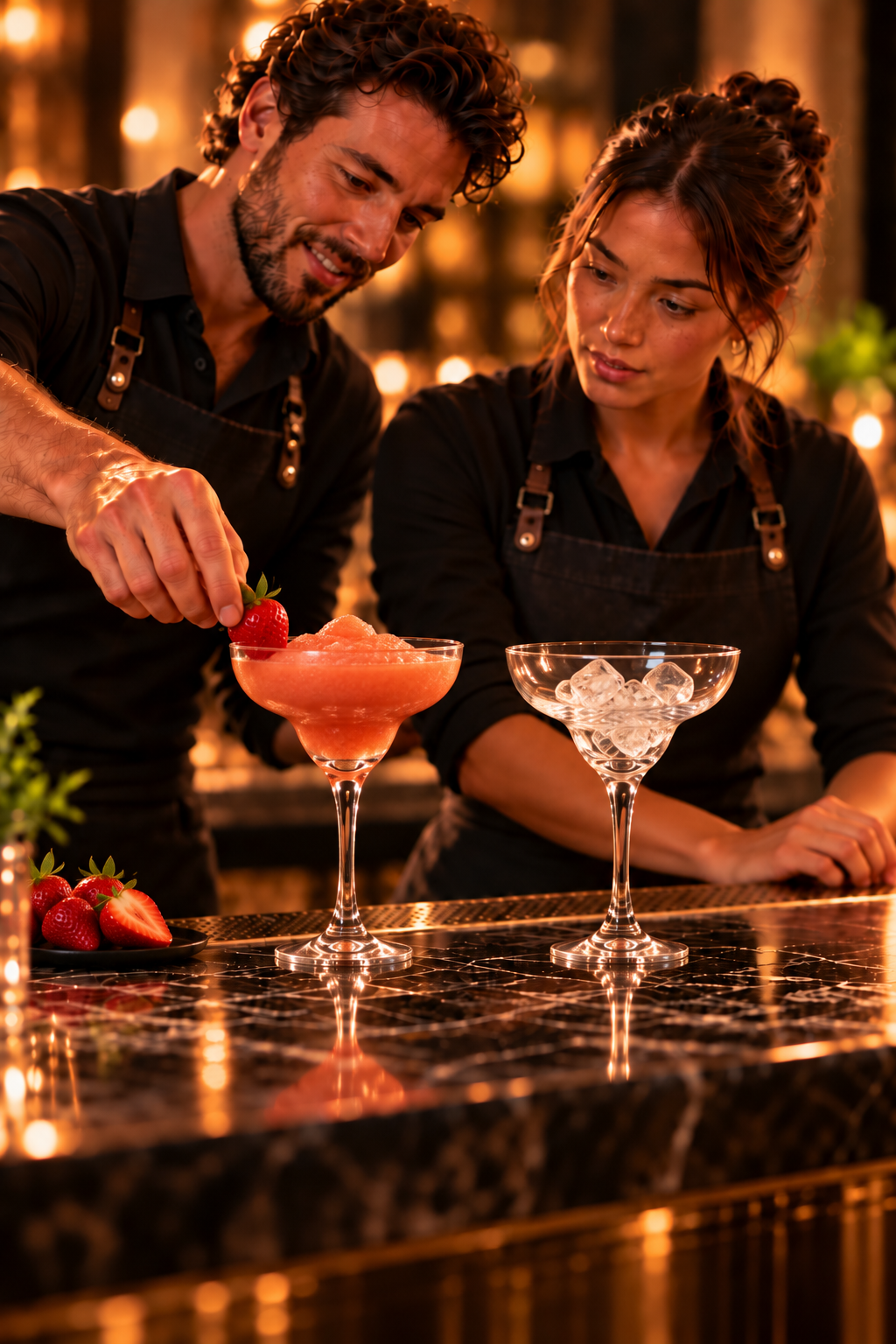 Dos camareros, un hombre y una mujer, preparan cócteles en un elegante bar con una iluminación cálida. El hombre coloca una fresa sobre un cóctel rosa, mientras la mujer observa atentamente. Sobre la barra de mármol hay dos vasos con cubitos de hielo, fresas frescas y un cuenco con fresas.