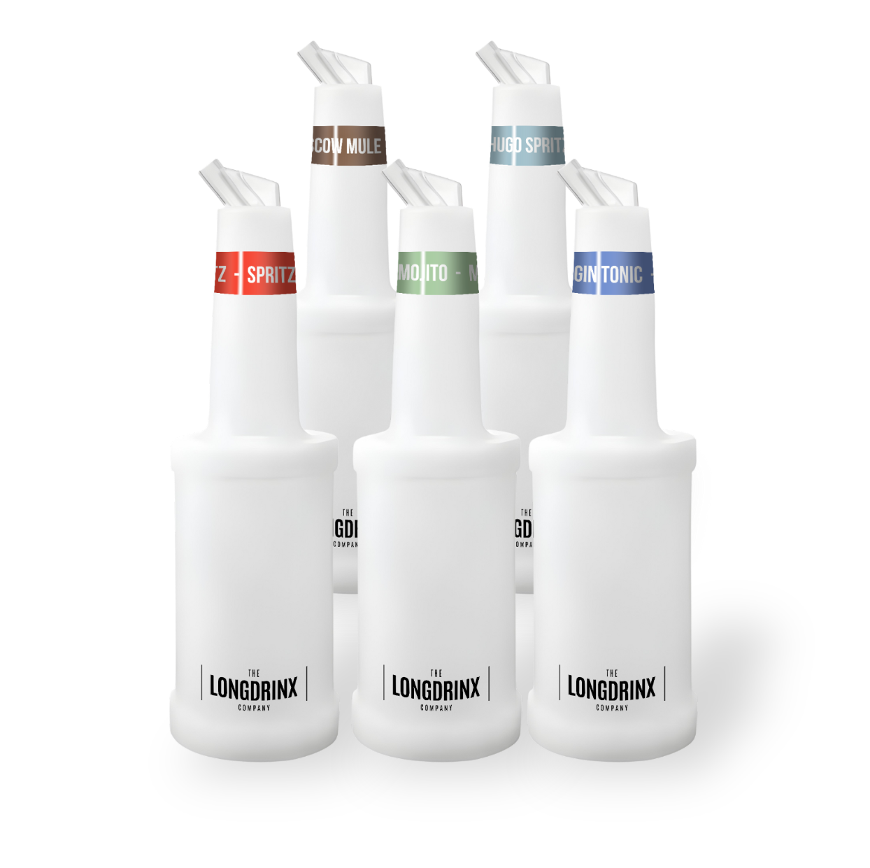 Cinq bouteilles de service de boissons pour barman avec des étiquettes colorées portant des noms comme 'Moscow Mule', 'Hugo Spritz', 'Mojito', 'Gin tonic' et 'Spritz'.