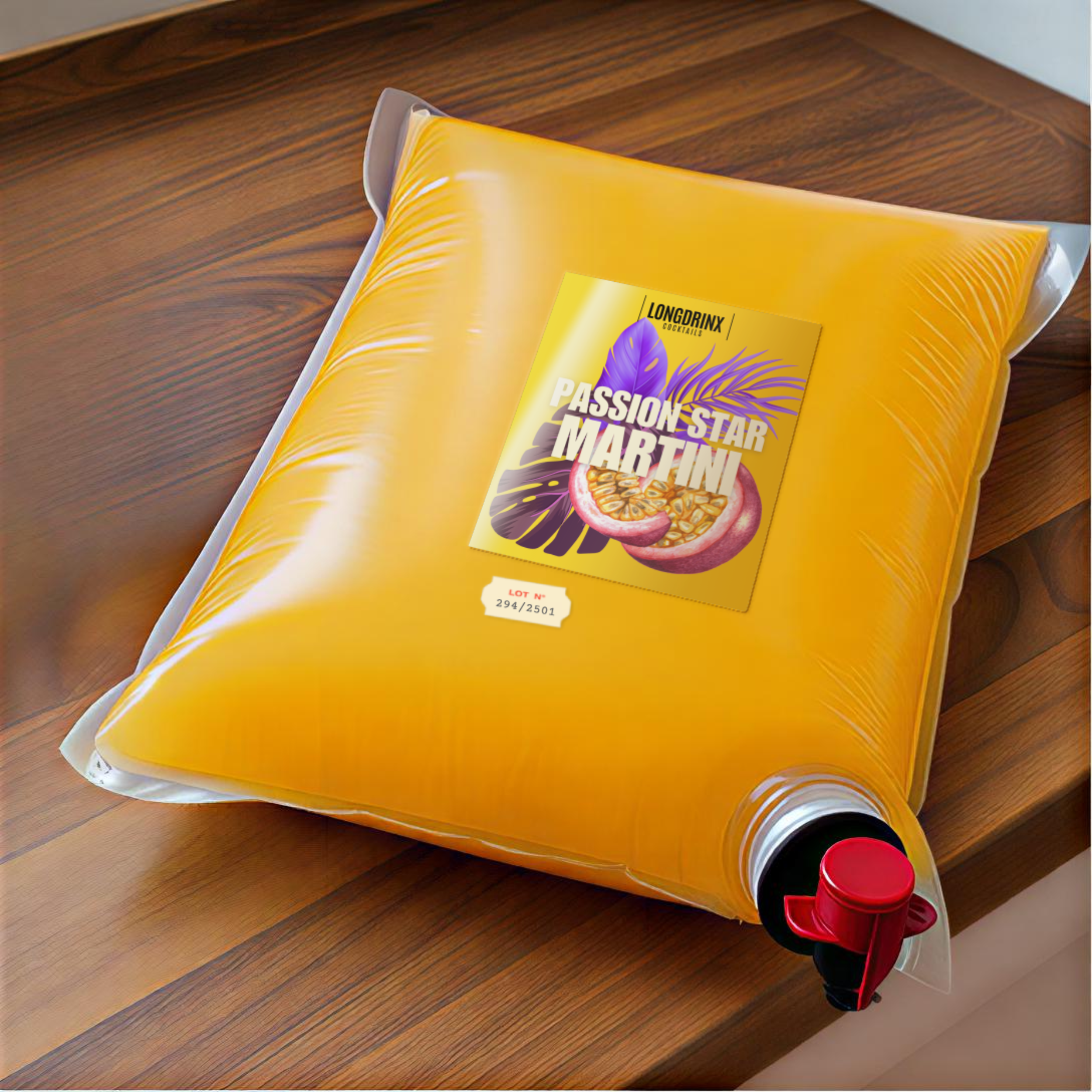 Un poche de cocktails sous vide en plastique avec un liquide orange, posé sur une table en bois. Le sac est étiqueté avec une publicité pour une boisson appelée 'Passion-Star Martini', illustrée par des images de passion, de monstera et de fruits.