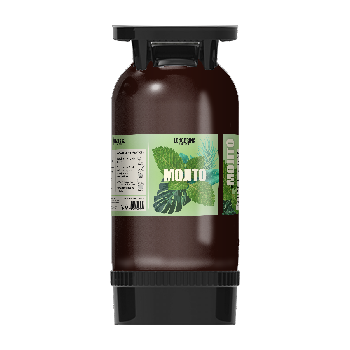 Fut de cocktail mojito avec étiquette verte illustrant des feuilles de menthe et autres plantes, etiquettes avec instructions de préparation.