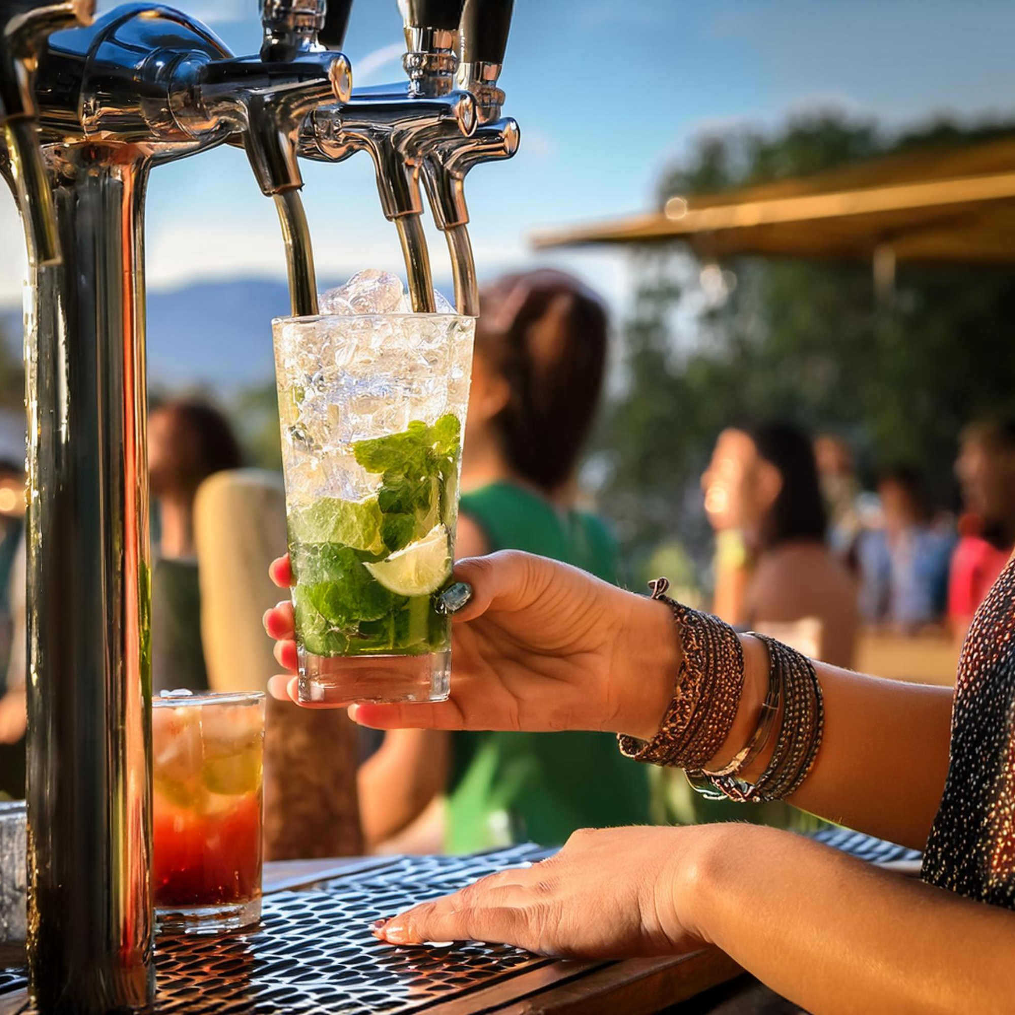 Une main verse un cocktail à la menthe et au citron dans un verre rempli de glace, à un bar extérieur lors d'une soirée