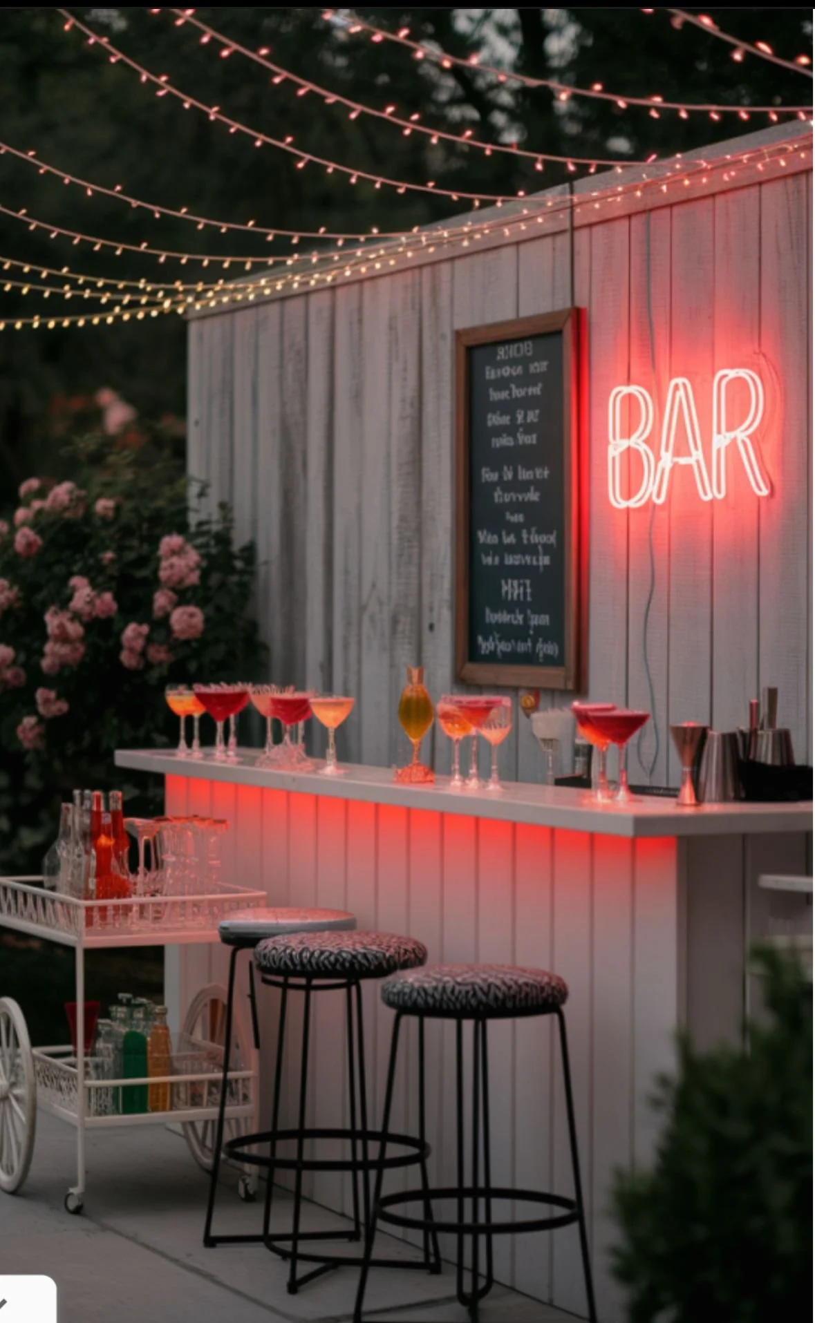 Bar en plein air décoré avec des guirlandes lumineuses, comptoir avec cocktails colorés, devant un mur en bois avec un panneau noir, néon rose indiquant 'BAR'.
