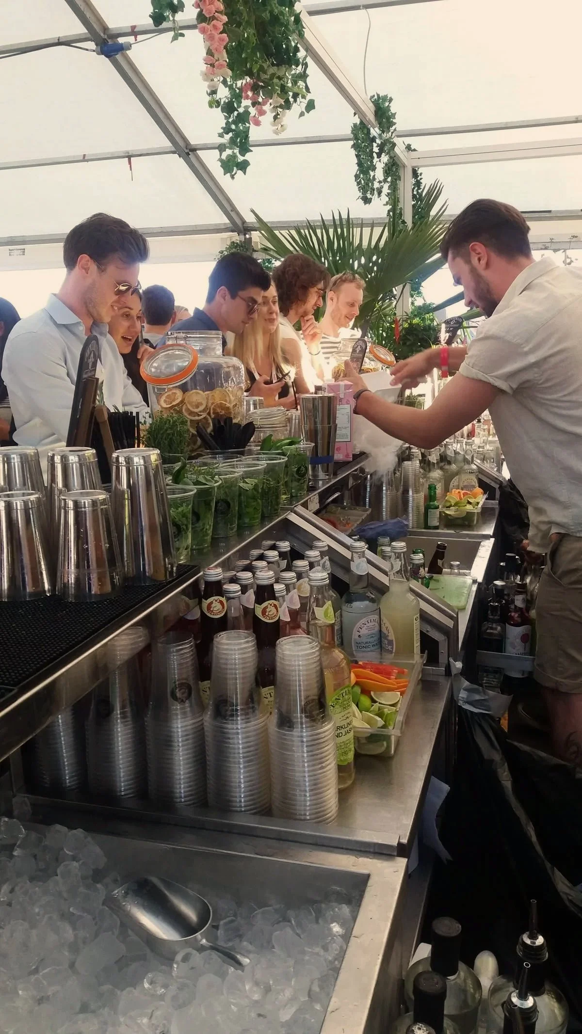 Un groupe de personnes assises autour d'un bar en train de boire et discuter, chef préparant des boissons, avec des plantes suspendues en décoration.