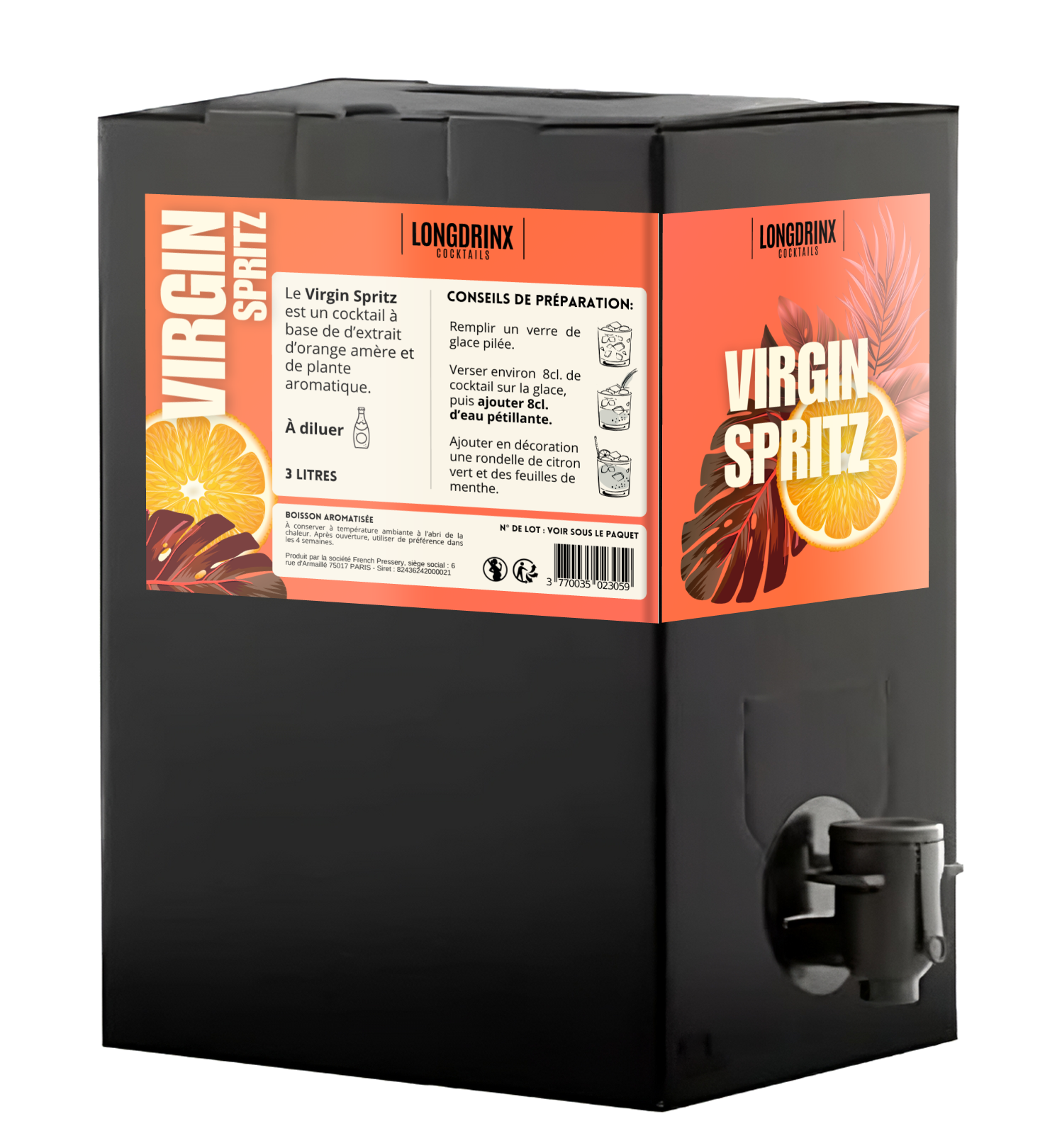 Distributeur de boissons Virgin Spritz à base d'orange amère avec instructions de préparation sur une étiquette orange et noire.