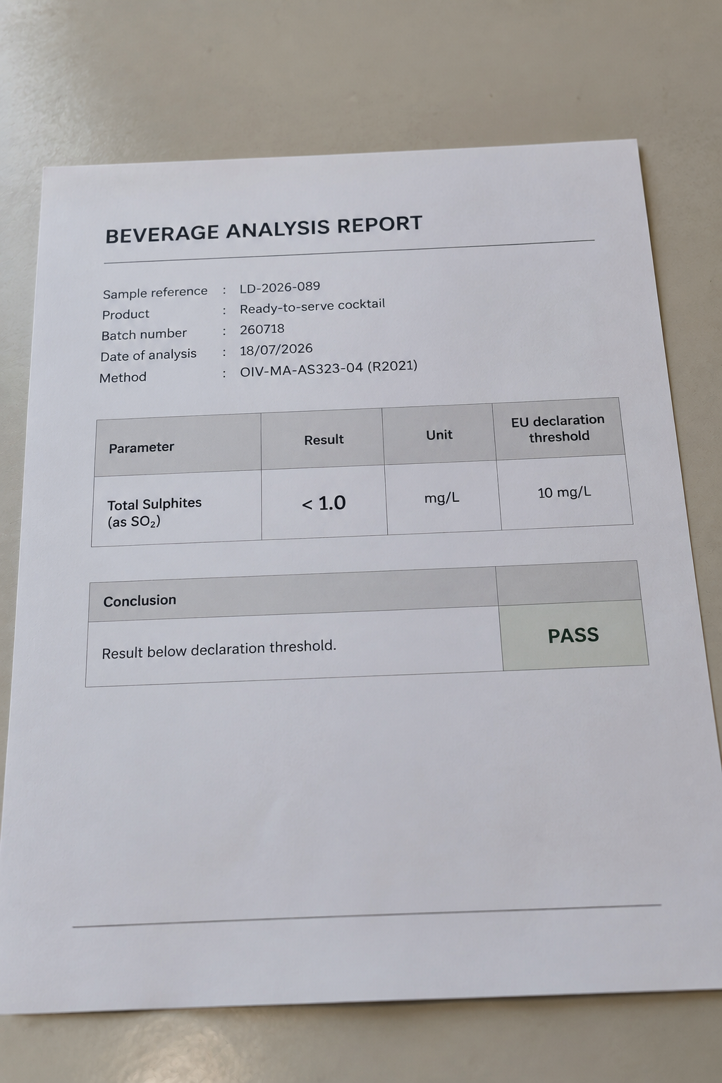 Rapport d'analyse de boisson indiquant un seuil de sulfates totaux inférieur à 1.0 mg/L, passant la conformité EU.