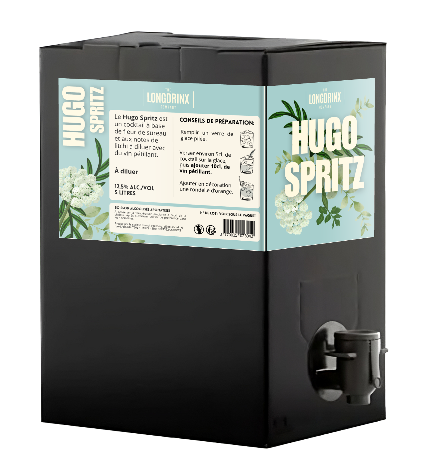 Distributeur de boissons avec étiquette pour le cocktail Hugo Spritz, comprenant instructions de préparation, ingrédients et informations nutritionnelles en français.