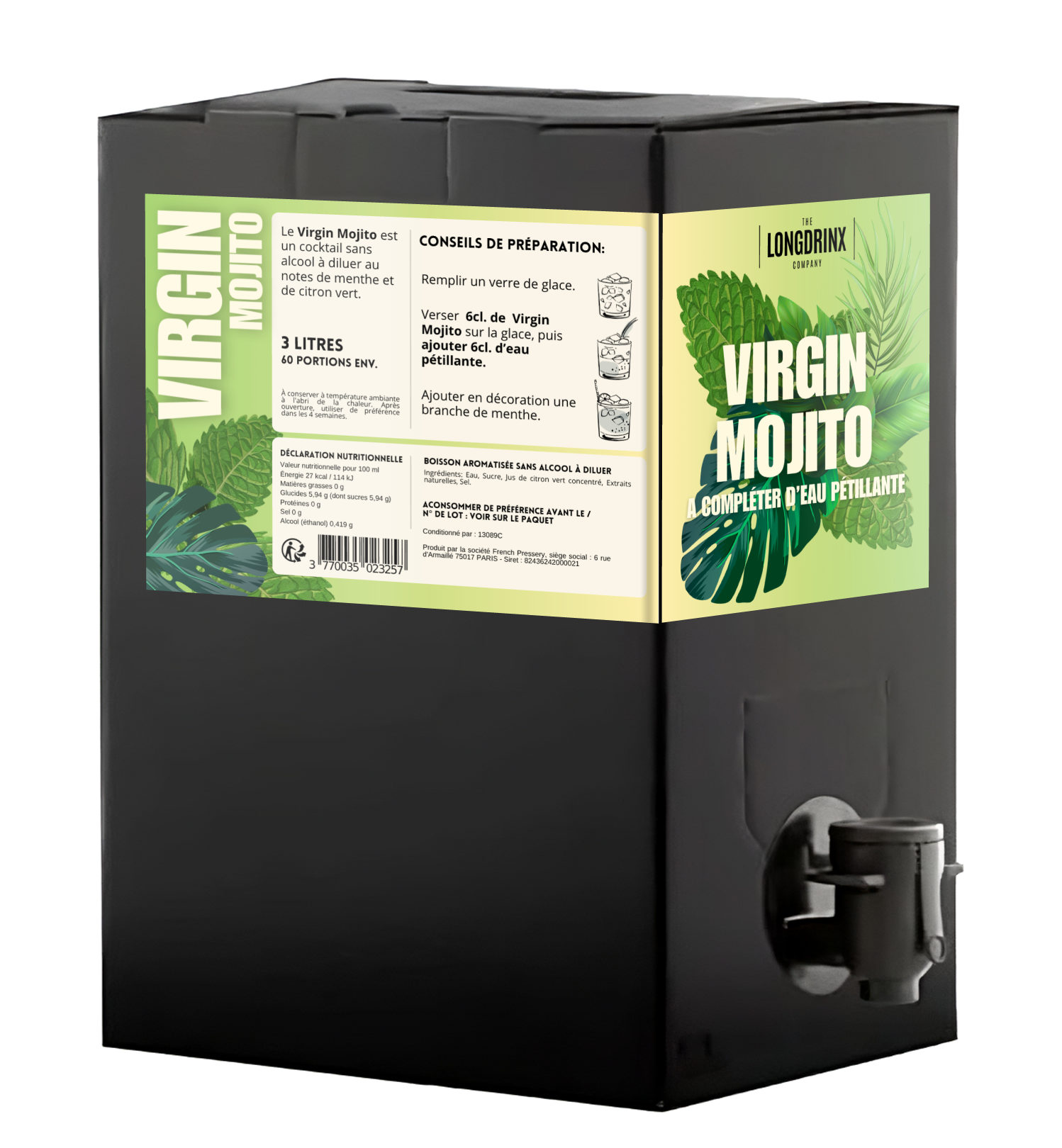 Cubi noir avec une étiquette verte contenant une recette de Virgin Mojito, instructions de préparation, conseils, ingrédients, et informations nutritionnelles en français.