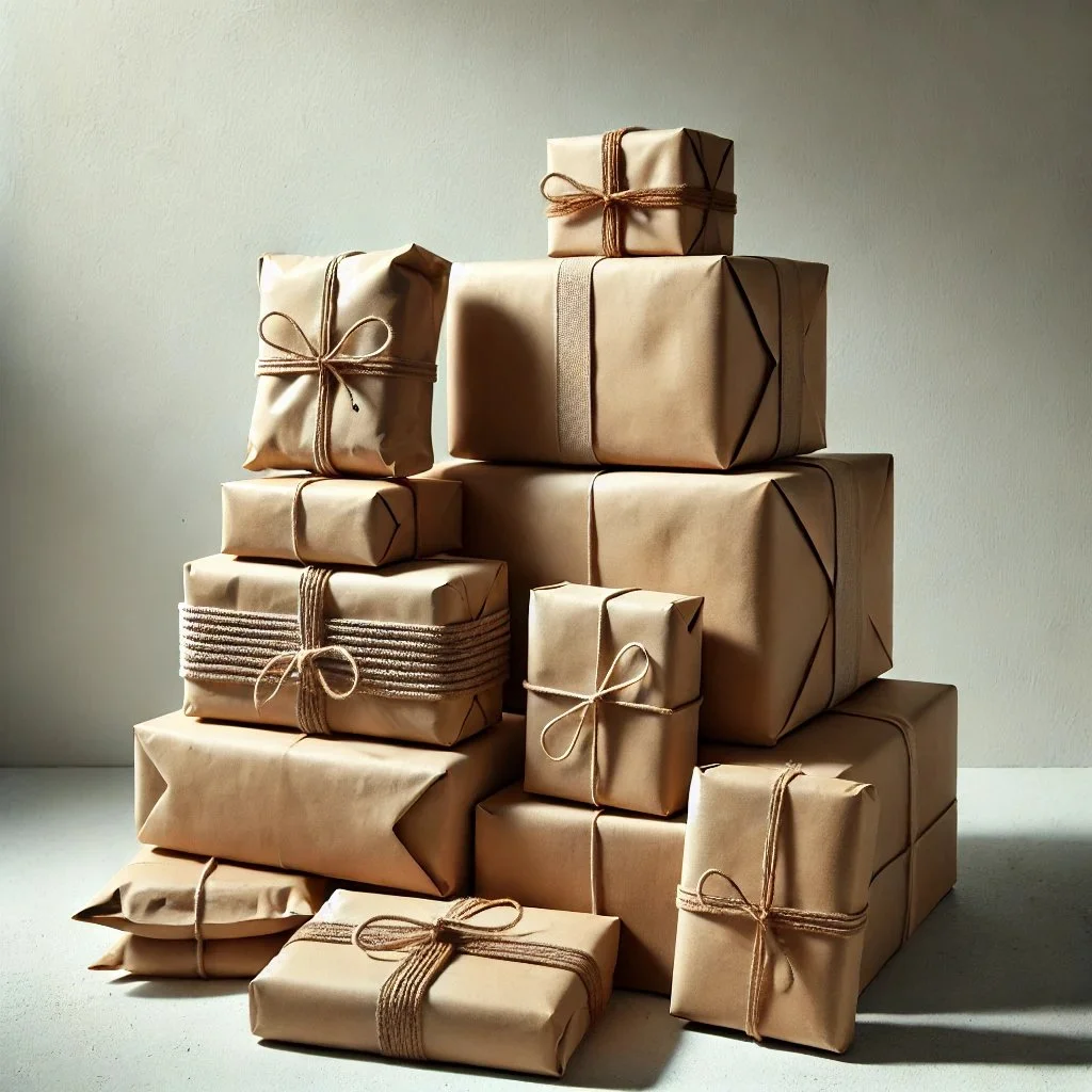 Stack of wrapped presents with brown paper and twine bows on a neutral background.