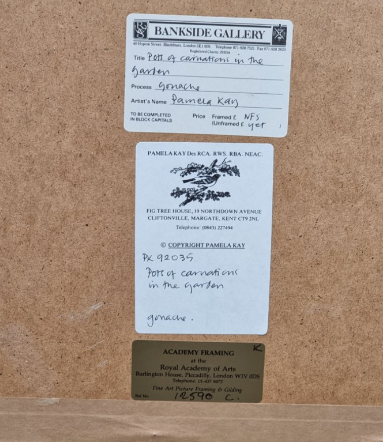 Pamela Kay NEAC, Pots of Carnations in the Garden, Gouache (58 × 49.5cm), framed and glazed (77.5 × 70.5cm). Signed. label