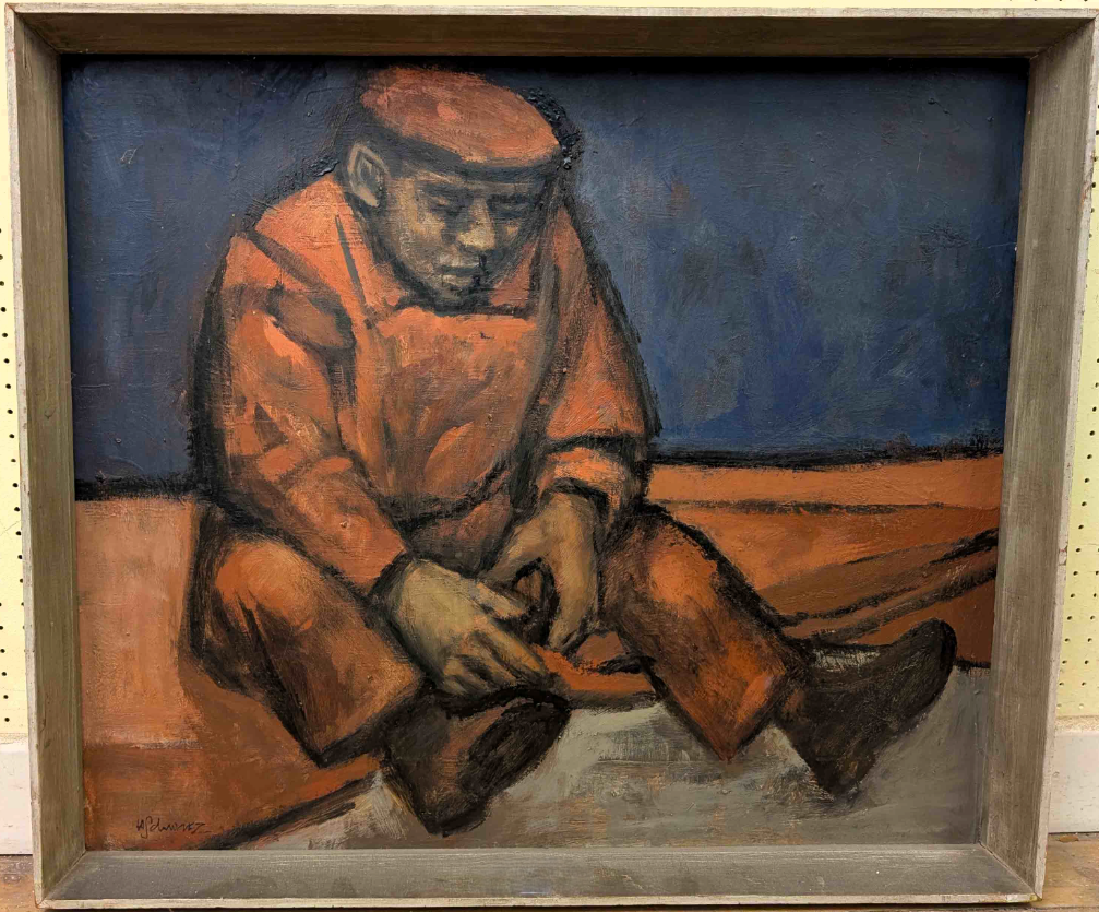 Hans Schwarz, Seated man with cap, Oil on board (69.5 × 59.5cm), framed (73.5 × 63.5cm). Signed.