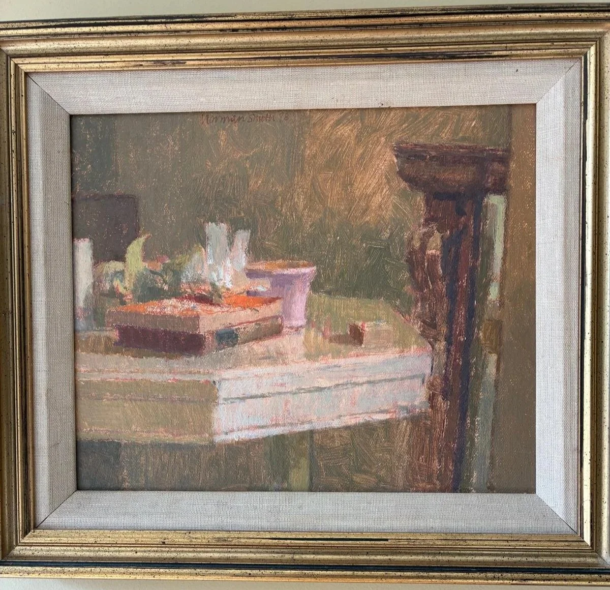 Norman Smith NEAC, White Flower and Penguin Book (1978), Oil on board (33.5 × 28.5cm), framed (38 × 33cm). Signed.