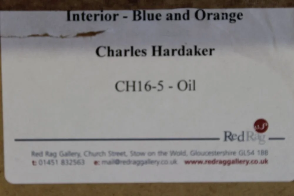 Original oil painting by New English Art Club (NEAC) artist Charles Hardaker RBA, NEAC titled Interior-blue and orange. oil on board, 29 x 29 cm. £650. Part of the doorways series verso label