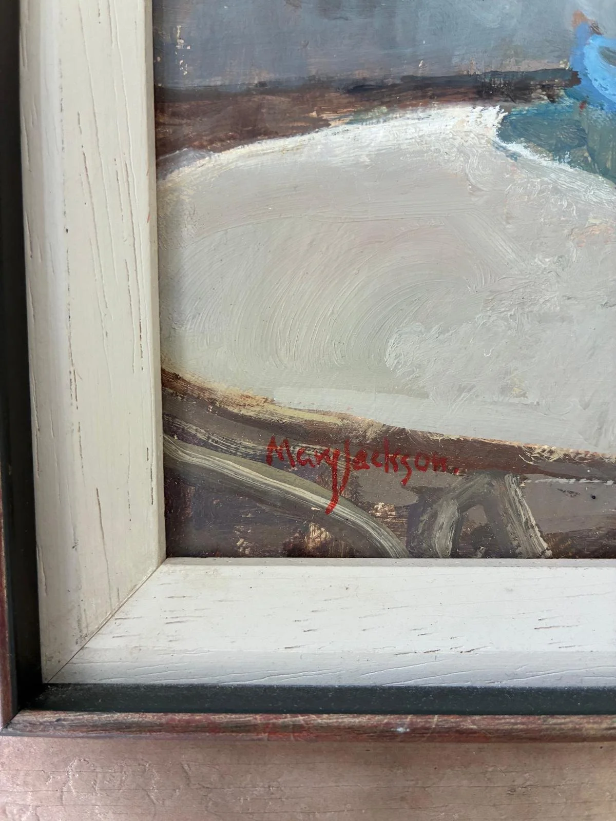 Mary Jackson NEAC, The Blue Bowl, Oil on canvas board (26 × 26cm), framed (33.5 × 33.5cm). Signed, titled on verso. (Signature)