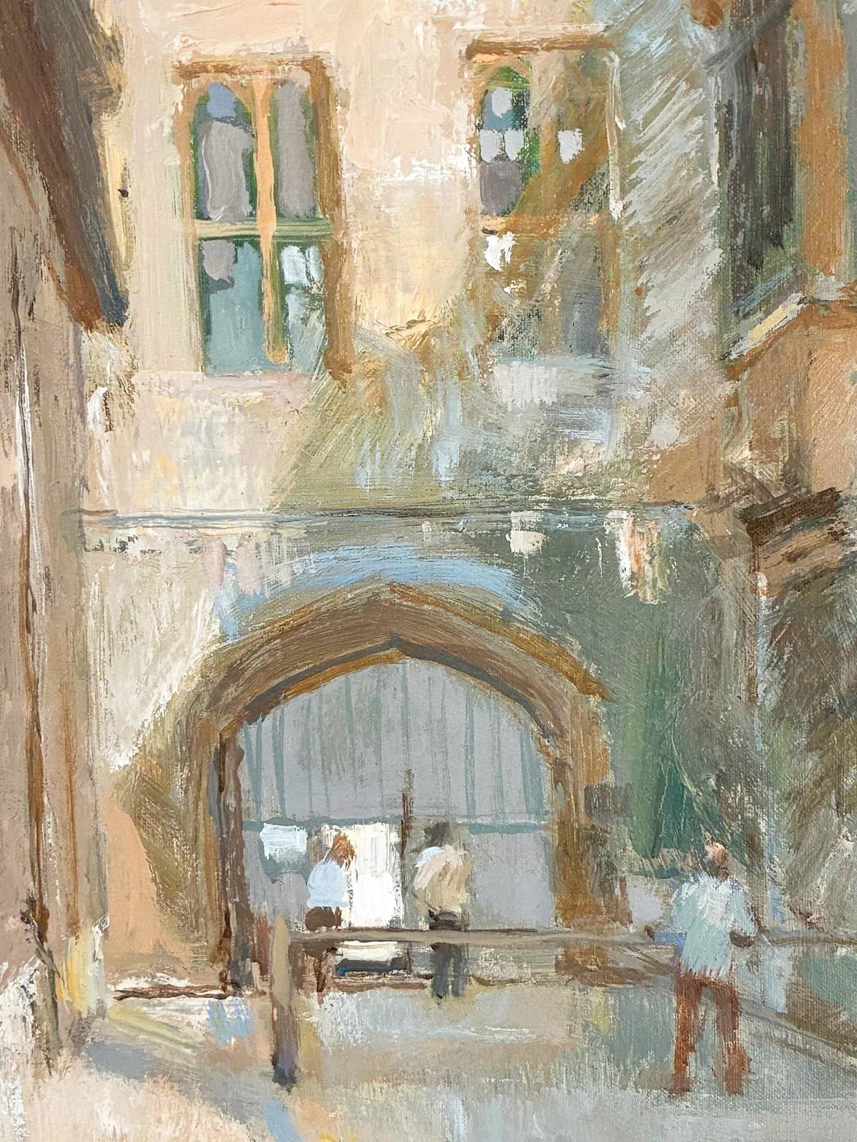 Anthony Morris NEAC, Queens Lane Oxford, Oil on canvas (40 × 51cm), framed (52 × 63cm). Signed. British Art Original painting for sale. Detail