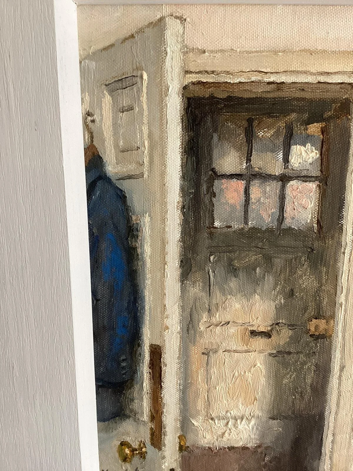 Original oil painting by New English Art Club (NEAC) artist Charles Hardaker RBA, NEAC titled Interior-blue and orange. oil on board, 29 x 29 cm. £650. Part of the doorways series detail 2