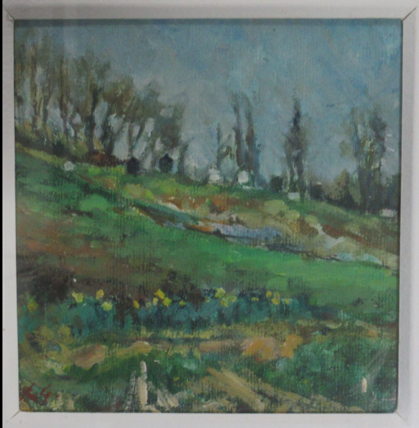 Rita Greig NEAC, Beehives and Daffodils, Oil on board (15 × 15.5cm), framed (36 × 38cm). Signed with initials.  detail