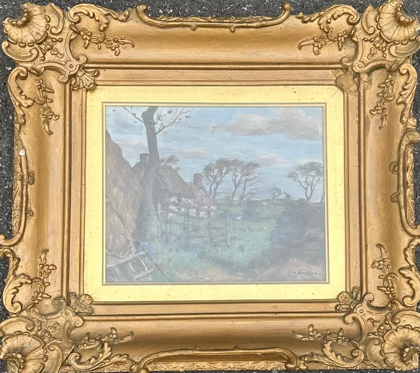 Painting by modern British artist Frederick William Jackson NEAC, Rural scene, Oil on canvas (29.5 x 24cm), framed and glazed (54cm x 48cm). Signed. £900.