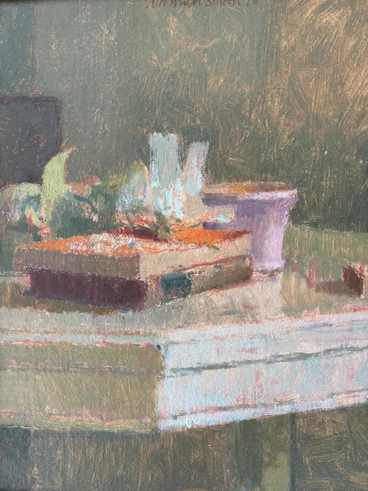 Norman Smith NEAC, White Flower and Penguin Book (1978), Oil on board (33.5 × 28.5cm), framed (38 × 33cm). Signed. detail.