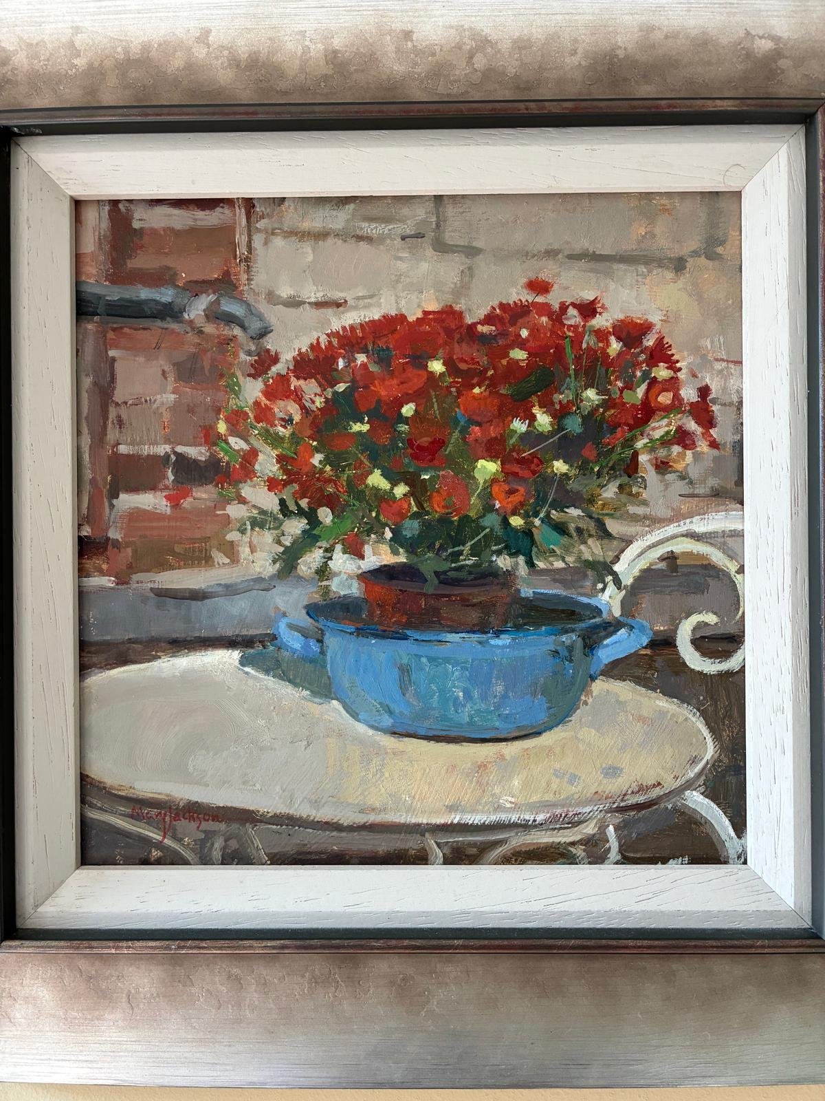 Mary Jackson NEAC, The Blue Bowl, Oil on canvas board (26 × 26cm), framed (33.5 × 33.5cm). Signed, titled on verso.