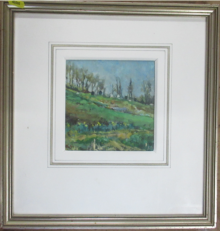 Rita Greig NEAC, Beehives and Daffodils, Oil on board (15 × 15.5cm), framed (36 × 38cm). Signed with initials.