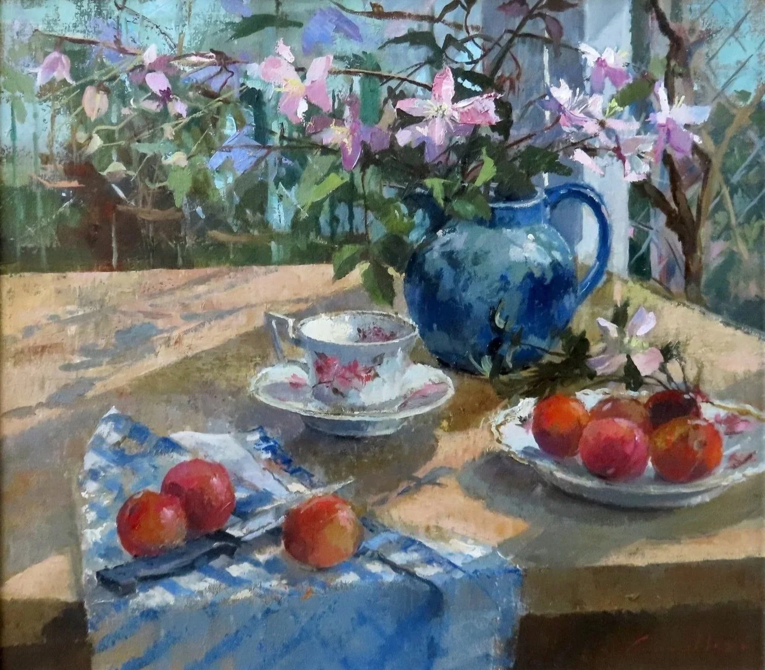 Jane Corsellis NEAC, Still life with apples, tea and flowers, Oil on canvas (43 × 39cm), framed (50 × 45cm). Signed. Original Modern British Art For Sale.