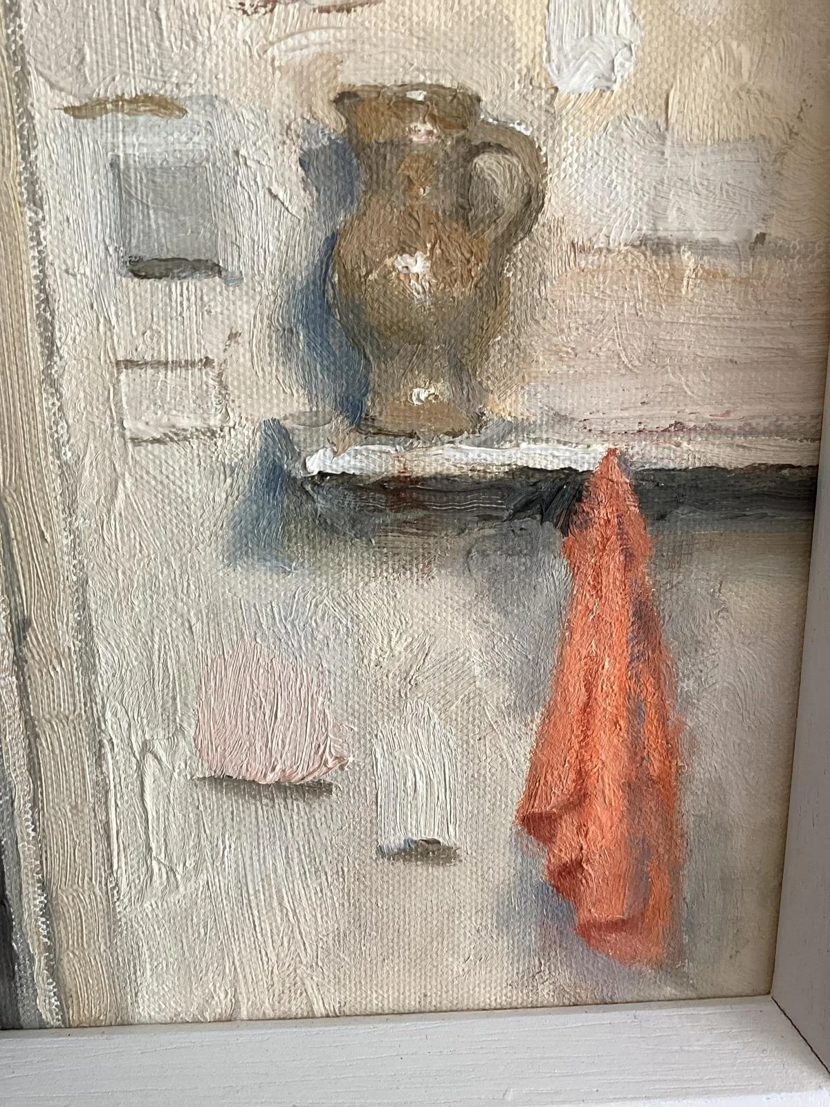 Original oil painting by New English Art Club (NEAC) artist Charles Hardaker RBA, NEAC titled Interior-blue and orange. oil on board, 29 x 29 cm. £650. Part of the doorways series detail