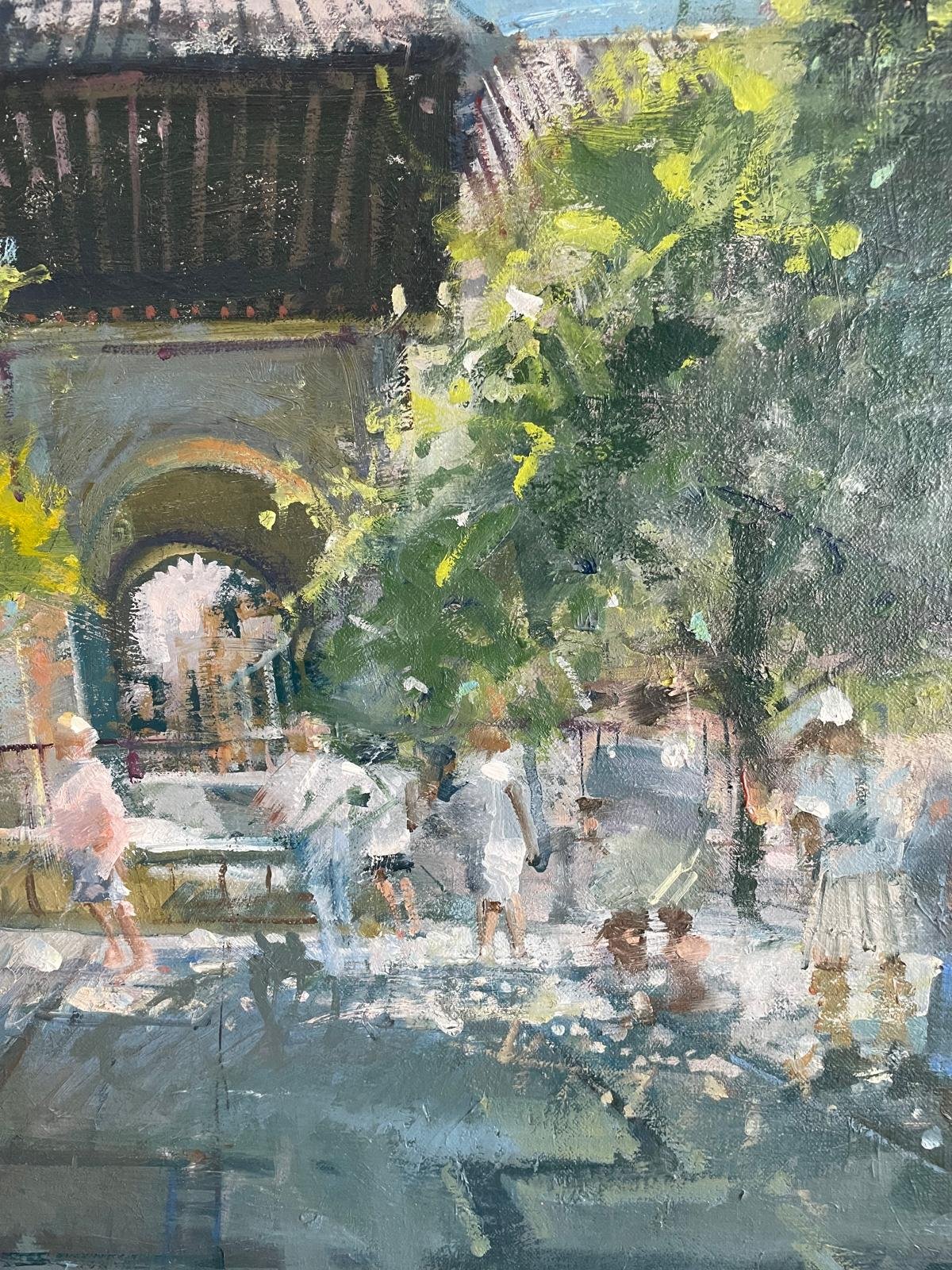 Richard Pikesley New English Art Club (NEAC) British modern artist's oil painting for sale of a street scene cityscape of Patio de las Naranjos, Seville, Spain, detail.