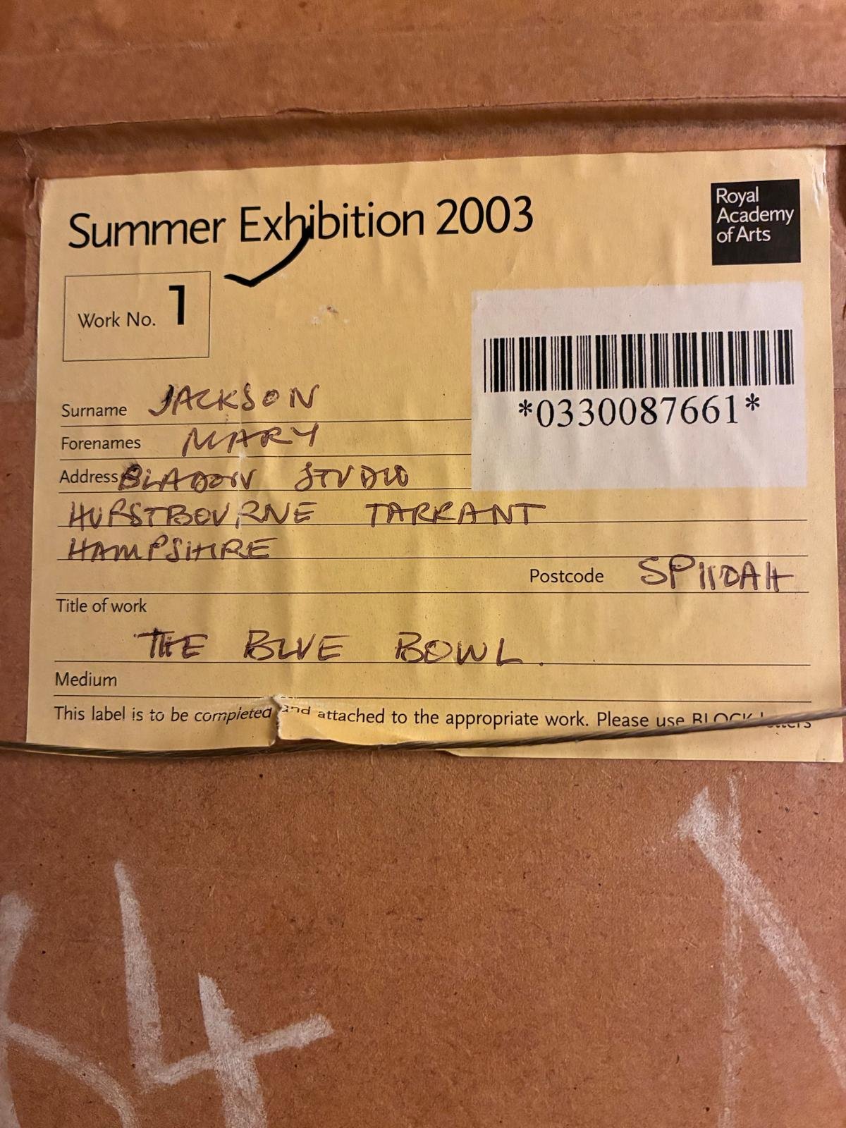 Mary Jackson NEAC, The Blue Bowl, Oil on canvas board (26 × 26cm), framed (33.5 × 33.5cm). Signed, titled on verso. (Verso)