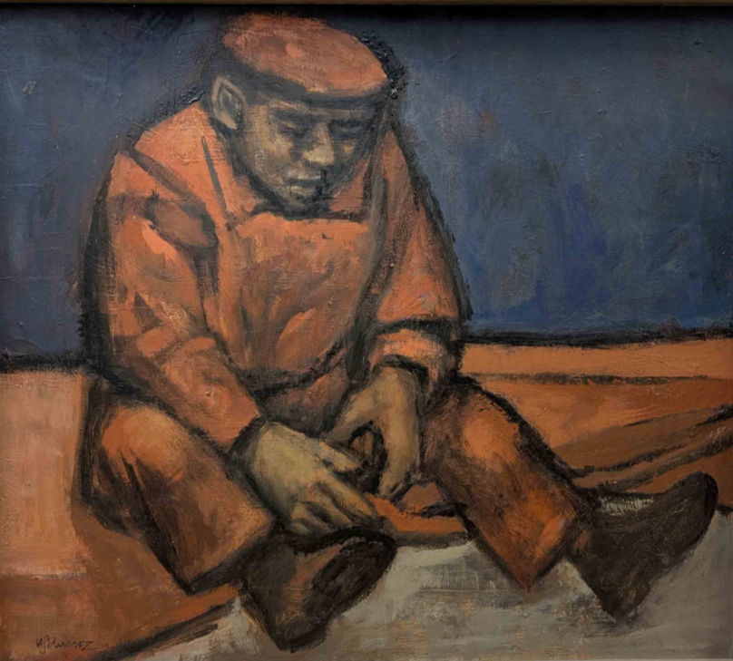 Hans Schwarz NEAC, Seated man with cap, Oil on board (69.5 × 59.5cm), framed (73.5 × 63.5cm). Signed.