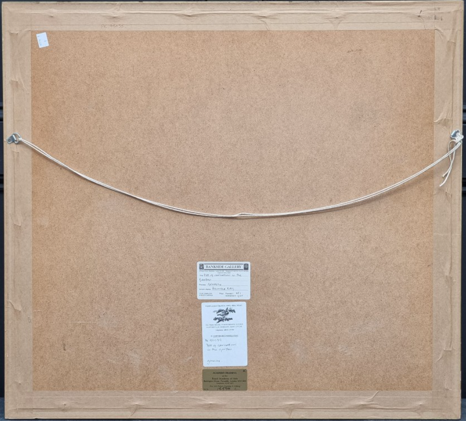 Pamela Kay NEAC, Pots of Carnations in the Garden, Gouache (58 × 49.5cm), framed and glazed (77.5 × 70.5cm). Signed.Verso