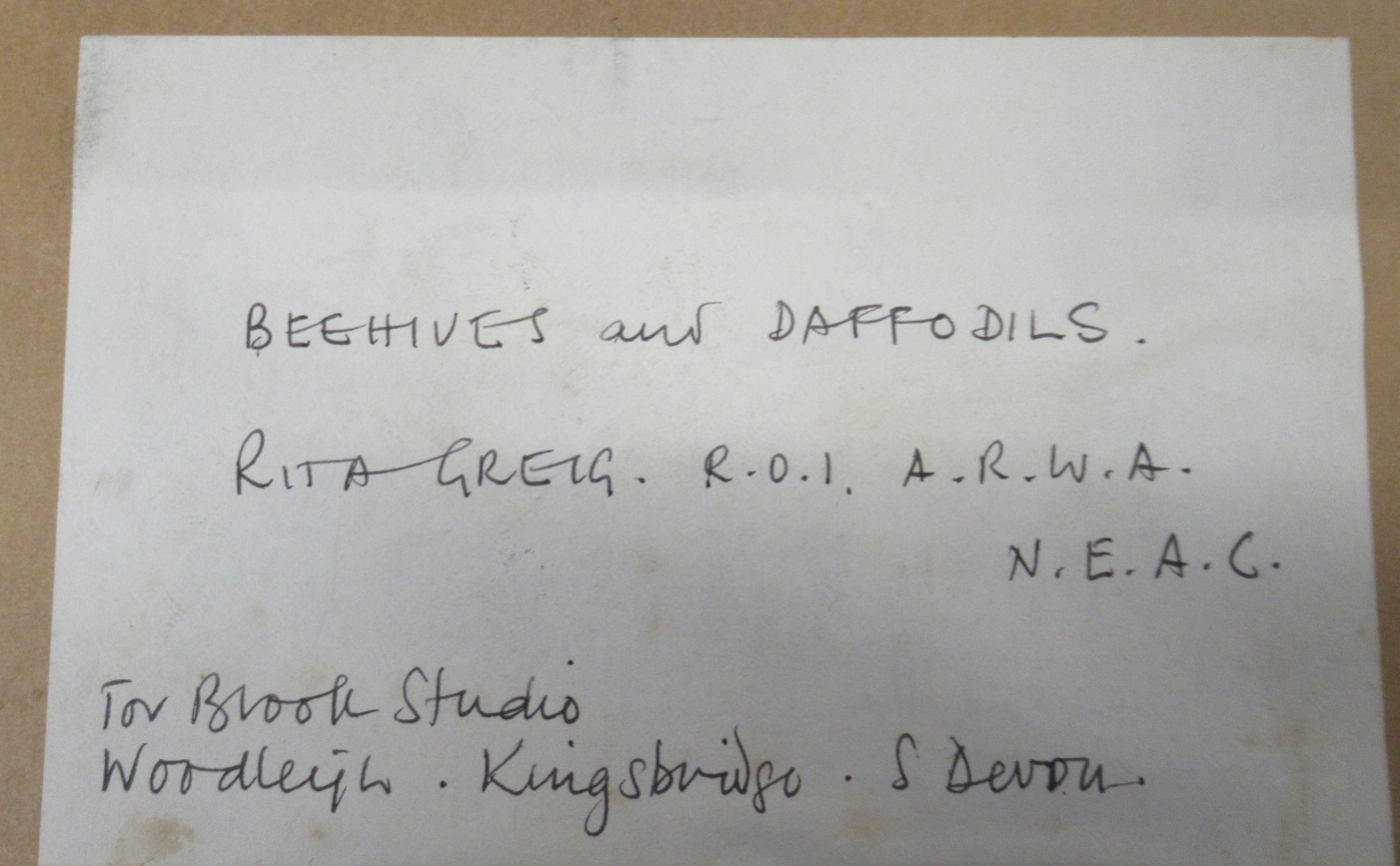 Rita Greig NEAC, Beehives and Daffodils, Oil on board (15 × 15.5cm), framed (36 × 38cm). Signed with initials.  verso label