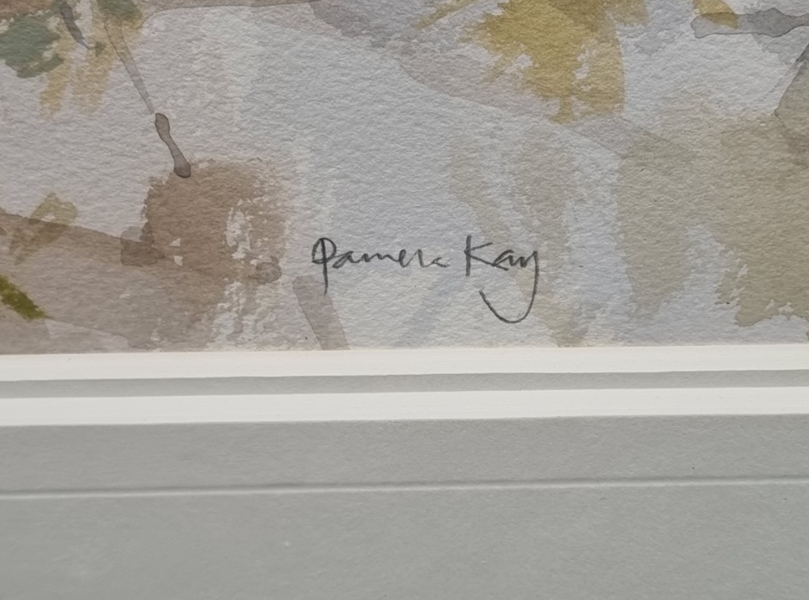 Pamela Kay NEAC, Pots of Carnations in the Garden, Gouache (58 × 49.5cm), framed and glazed (77.5 × 70.5cm). Signed. signature