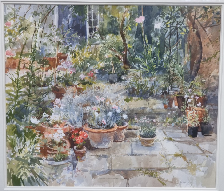 Pamela Kay NEAC, Pots of Carnations in the Garden