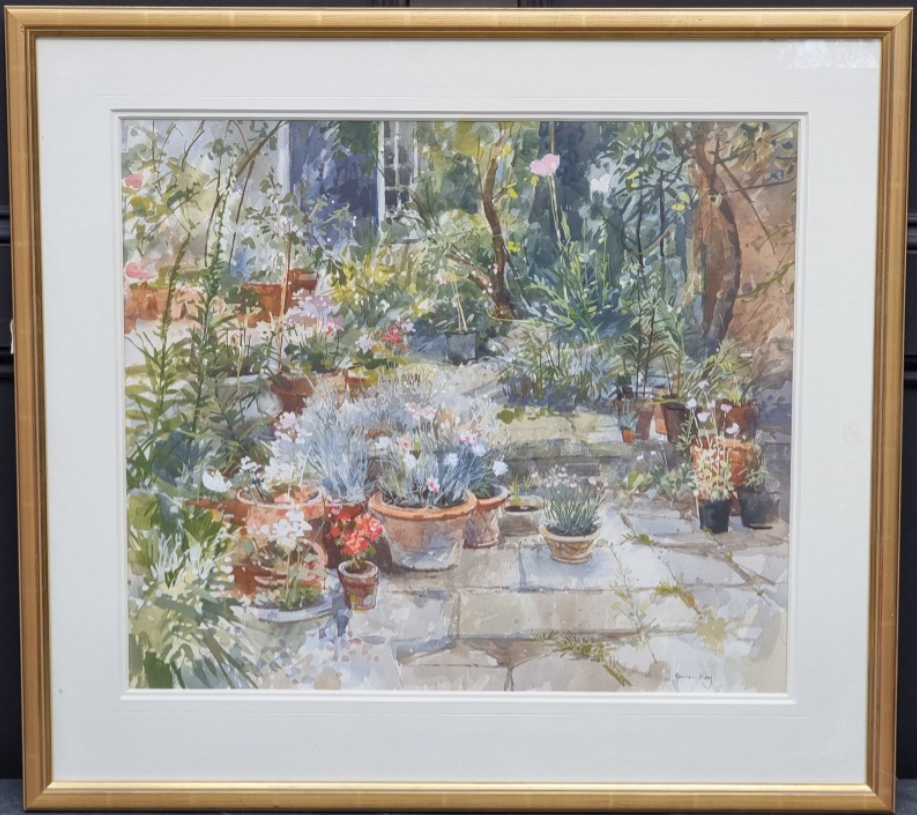 Pamela Kay NEAC, Pots of Carnations in the Garden, Gouache (58 × 49.5cm), framed and glazed (77.5 × 70.5cm). Signed.