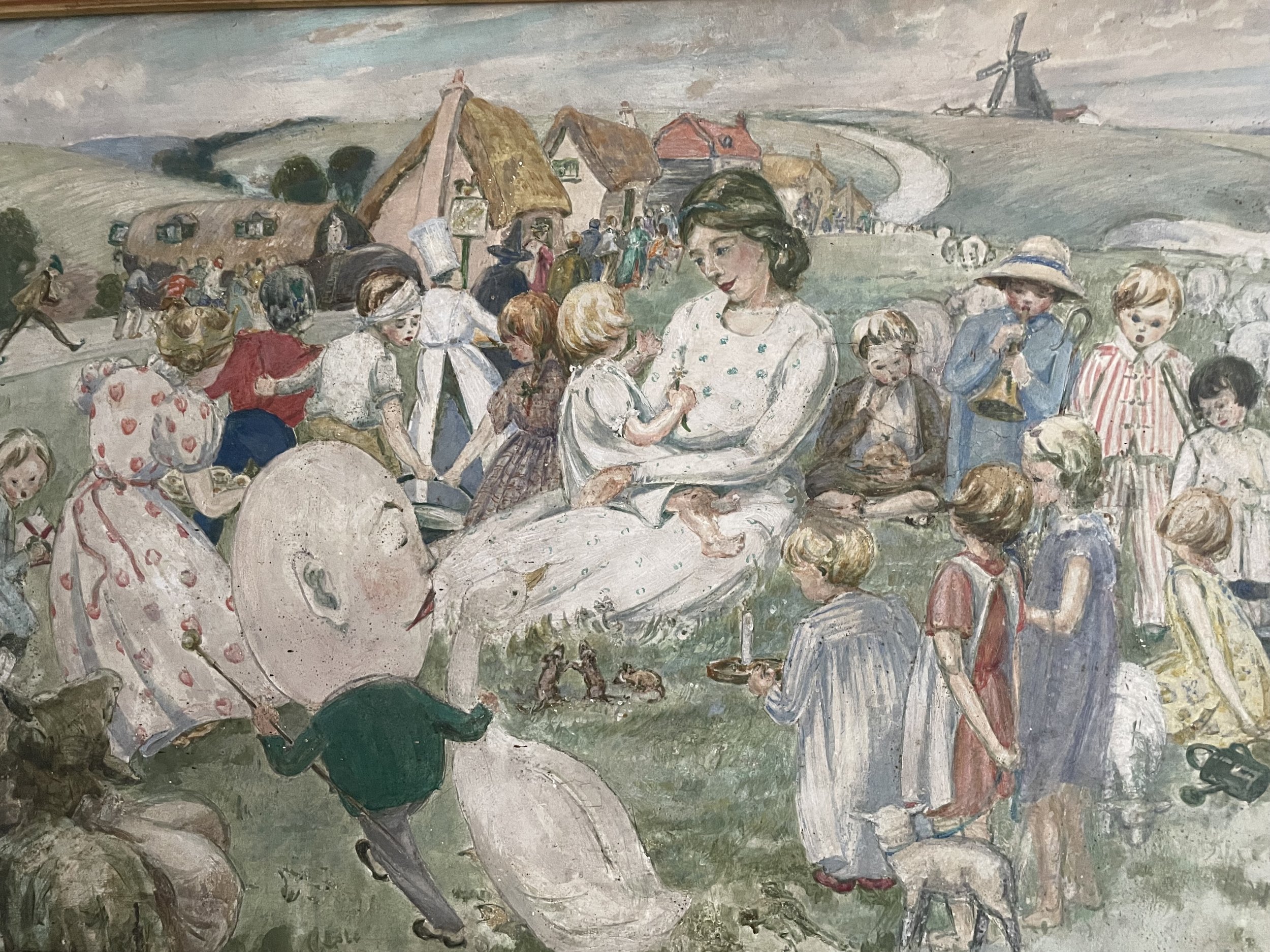 Florence Engelbach British modern artist's tempera painting for sale of children's nursery rhyme characters surrounding a mother and child laying down, detail.