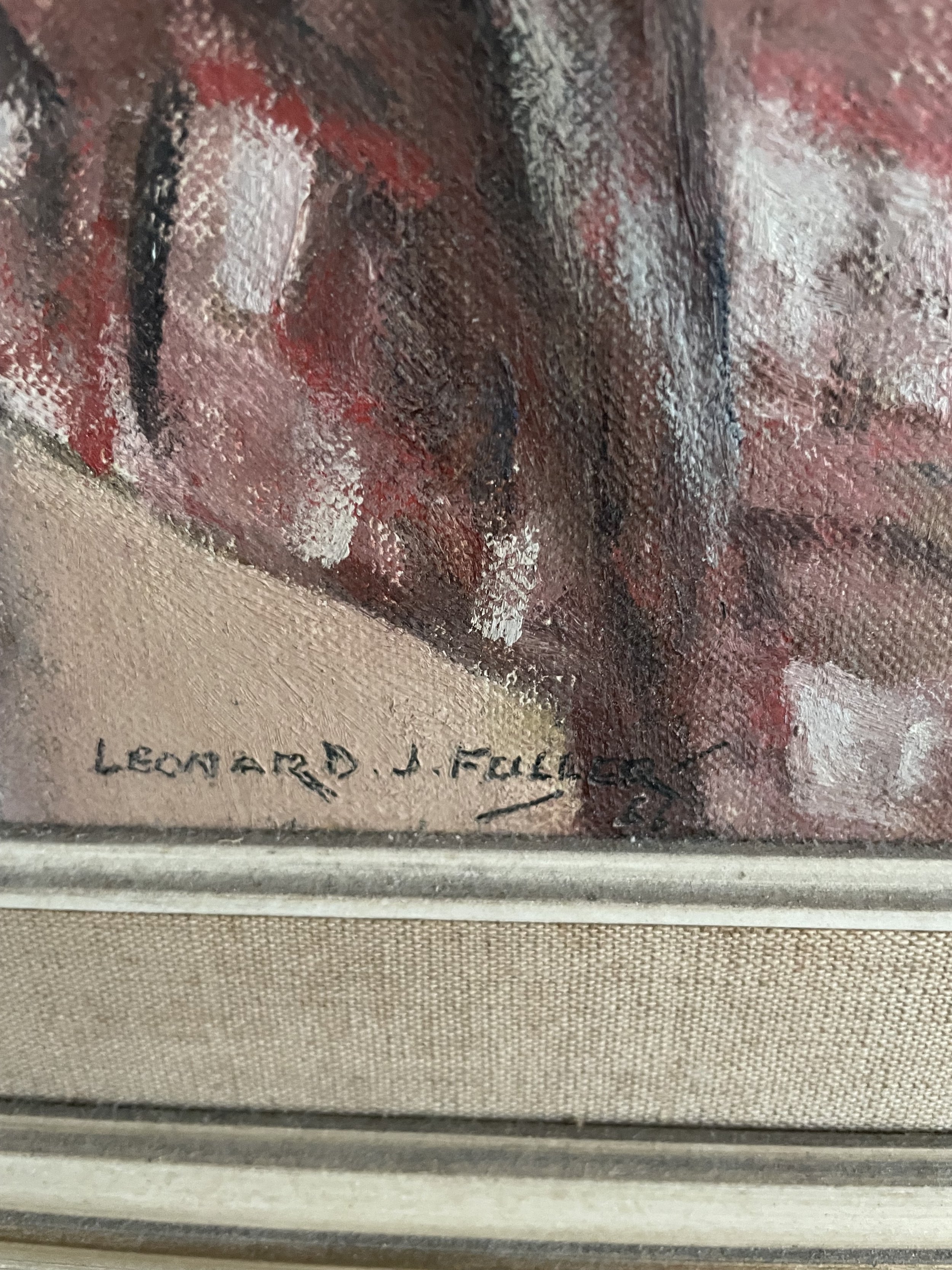 Leonard John Fuller British modern artist's oil painting for sale of a portrait of child, boy, John Morgan (1966), signature.