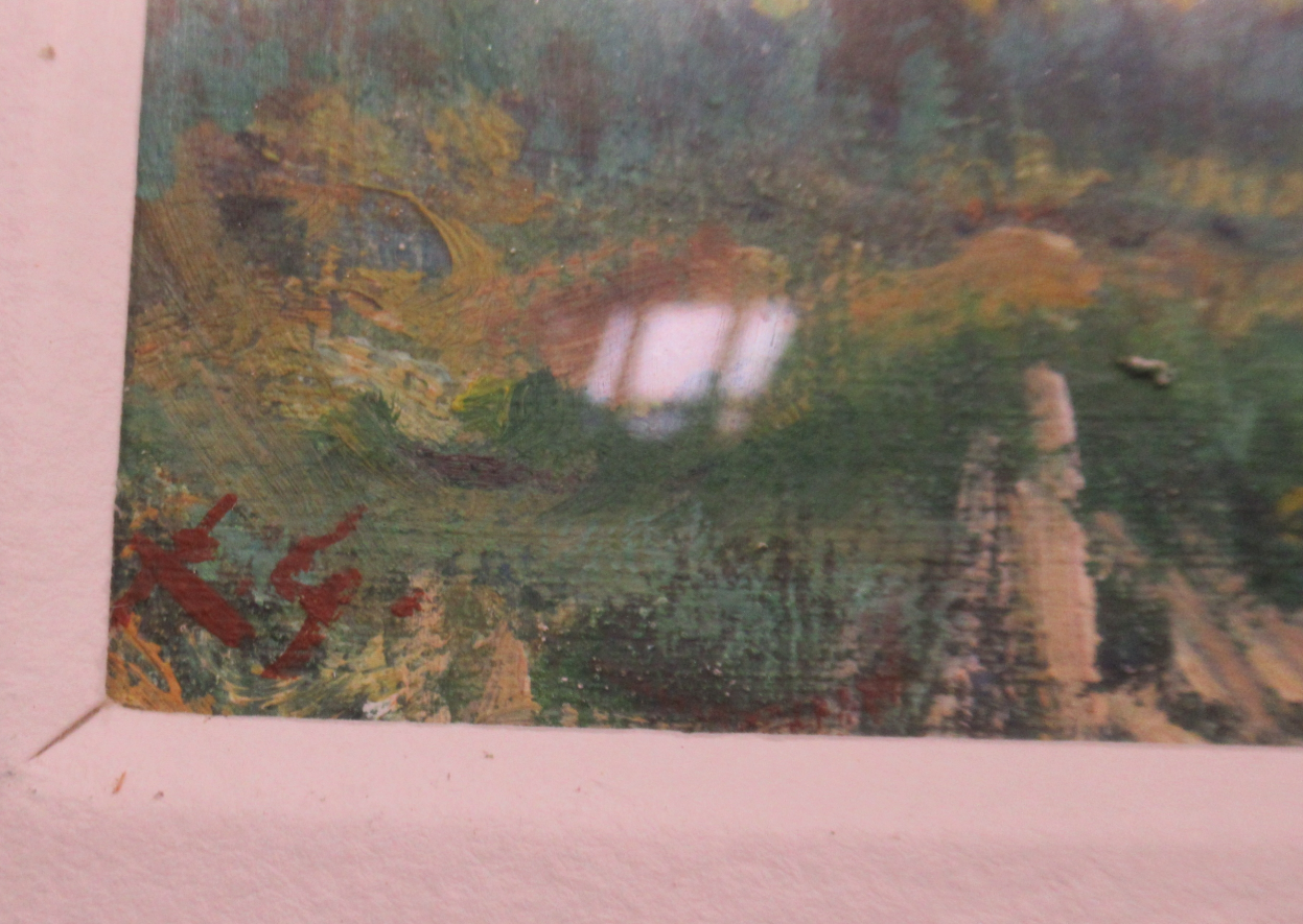 Rita Greig NEAC, Beehives and Daffodils, Oil on board (15 × 15.5cm), framed (36 × 38cm). Signed with initials.  signature