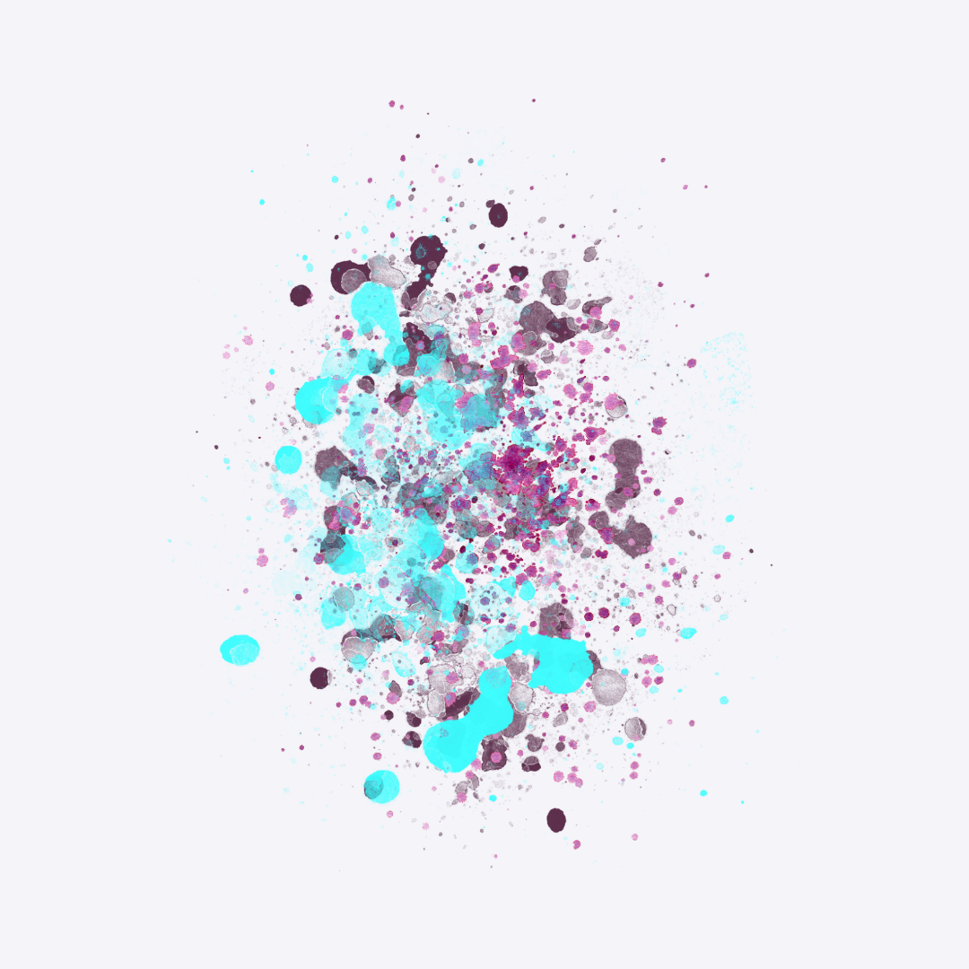 Abstract watercolor splatter of blue, purple, gray, and black paint on white background.